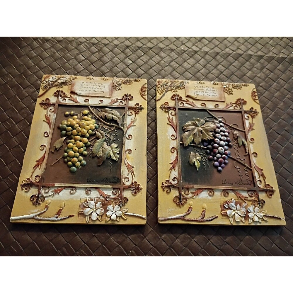 Vintage 3-D Resin Wall Plaques Wine Grapes Elaine Vollherbst Set Of 2